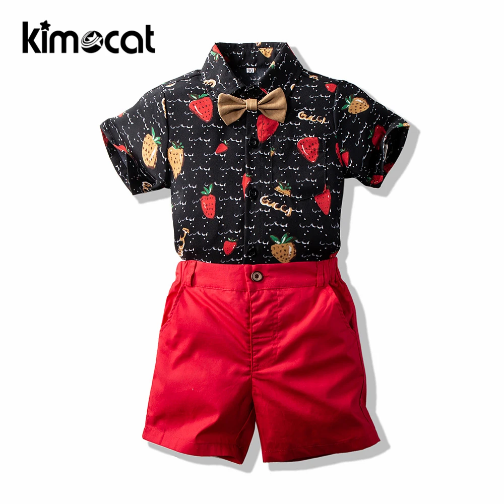 

Kimocat Summer New Boy Strawberry Shirt Shorts Suit Cross-Border Children's Fashion Bow Tie Two-Piece Suit Boys Clothing Set