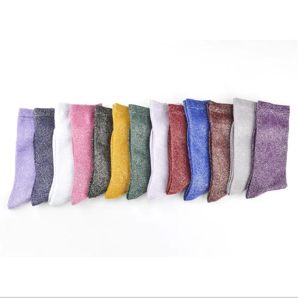 Women Solid Glitter Cotton Silver Lurex Socks Girls Long Shining Ankle Socks Female Thick Warm Winter High-Socks 10 pairs/ lot