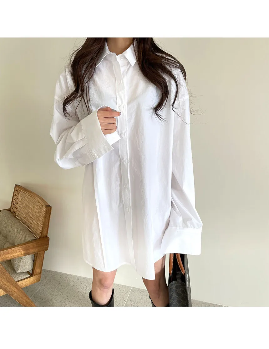 

Korean Chic Fashion Loose Boyfriend Style Shirt Early Spring Western Style All-Matching Mid-Length Casual Solid Color Long