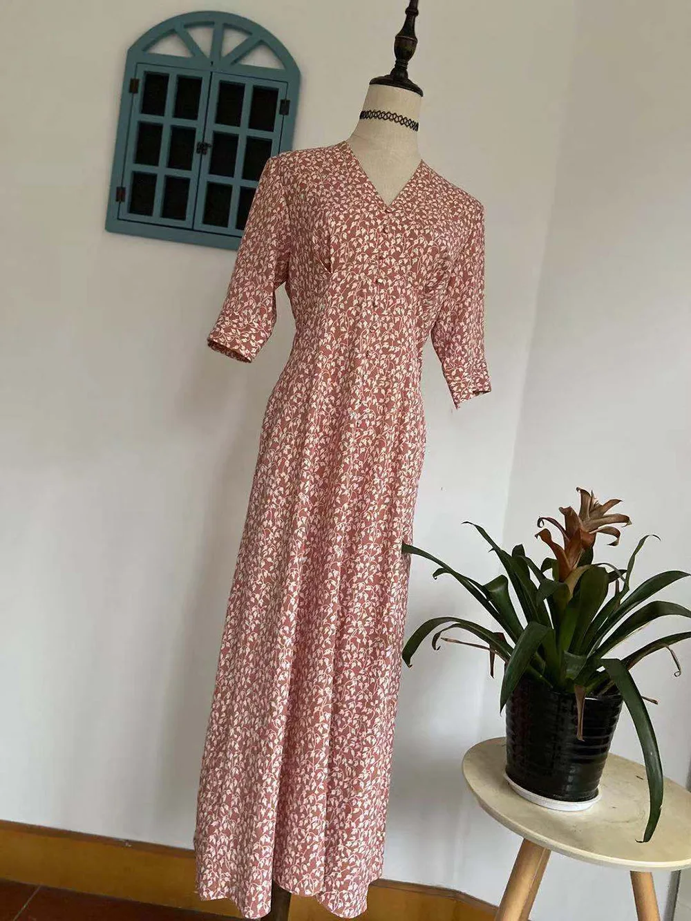 Elfbop Women Cute Floral Printed V Neck Button Front Midi Dress With Short Sleeve | Женская одежда