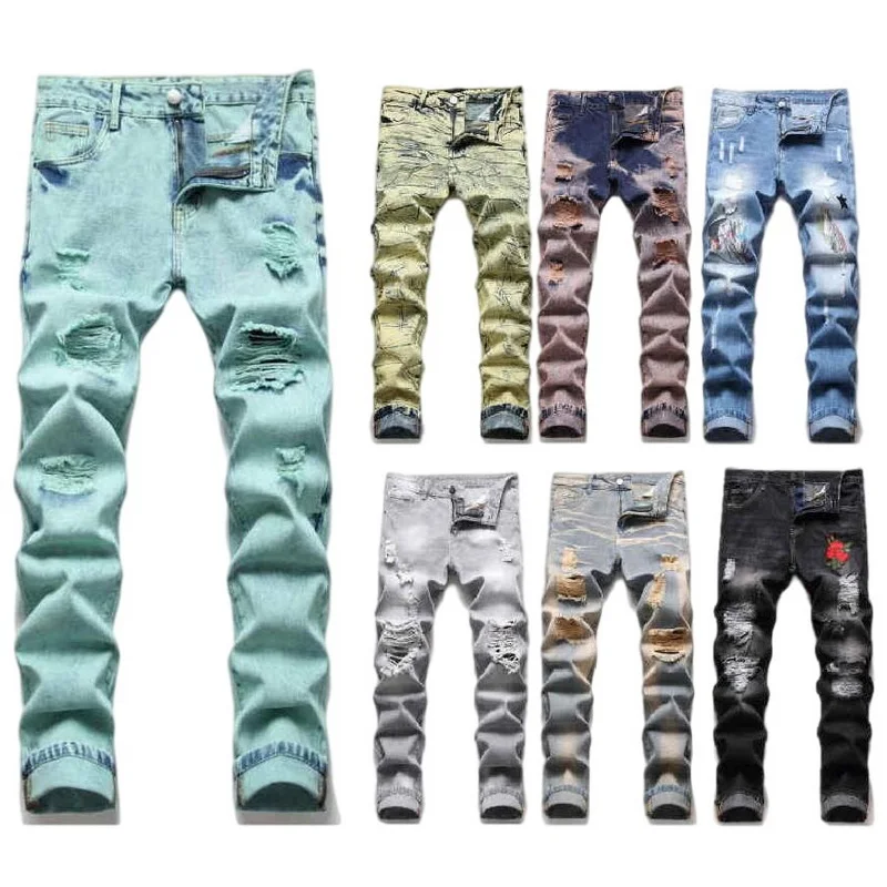 Men Jeans Patchwork Slim Multicolor Skinny Jeans Streetwear Ripped Stretch Denim Pants Holes Trousers Multiple Styles