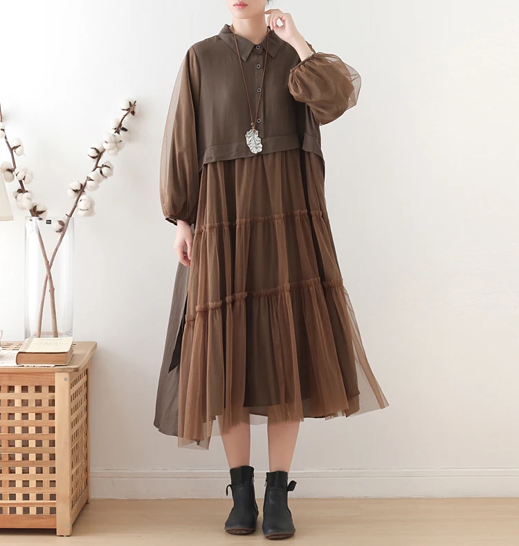 

Новинка, свободные платья-рубашки, женское модное Сетчатое платье в стиле пэчворк с рукавами-фонариками, элегантное женское платье, женские...