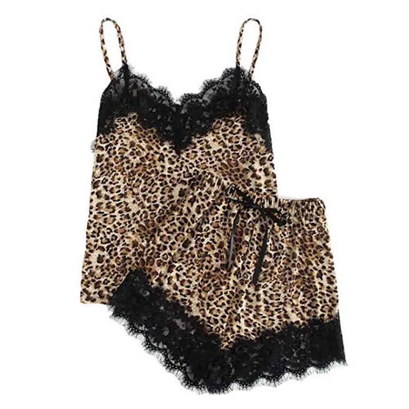 

Sexy Sleepwear Set Sling Sleepwear Lingerie Lace Leopard Print Underwear And Shorts Pajama Set Bayan Gecelikler 2021