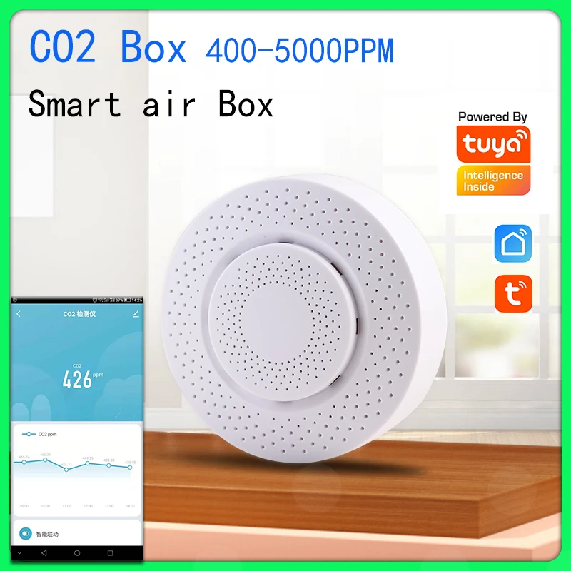

Детектор углекислого газа Tuya, Wi-Fi, 400-5000ppm, 1 шт.
