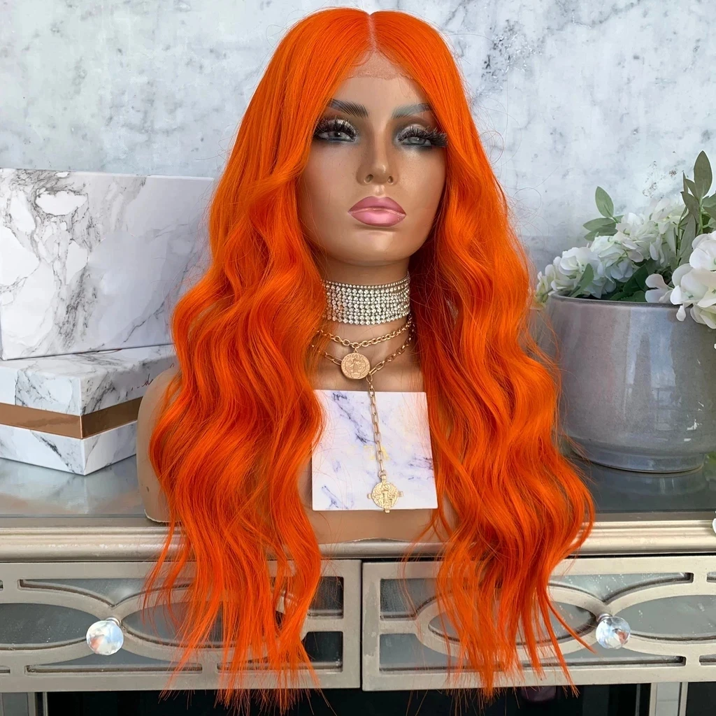 

Orange Ginger Colored Wavy Synthetic Hair Lace Front Wig For Women Free Part Fiber Babyhair Cosplay180%Density Glueless Wigs