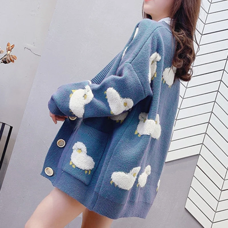 

Female Cardigan Loose Streetwear Knit Sweater Coat Cute Cartoon Print V Neck knitted cardigan jersey Women Jacket jumper clothes