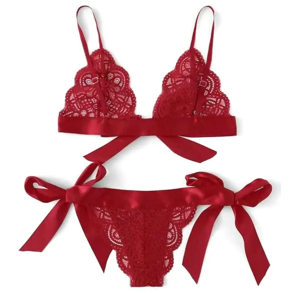 

Комплект нижнего белья женский, кружевное нижнее белье с бантом, бюстгальтер + трусики, Трехточечное сексуальное нижнее белье, 2021