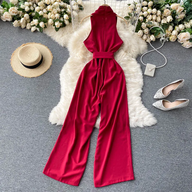 

WEIHAOBANG 2021 High Waist V-neck Sashe Elegant Chiffon Jumpsuit Slim Fit Women Feminine One Piece Overalls Casual Wide Leg Pant