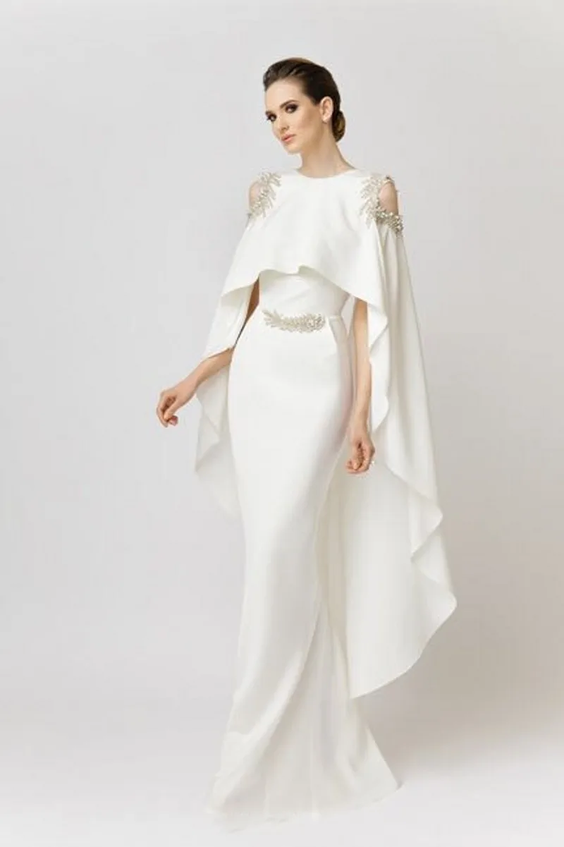 Abendkleider 2022 Elegante Weiße Abendkleider Lange Mit Schal Satin Perlen Arabisch Mermaid Formale Kleid Prom vestidos de festa