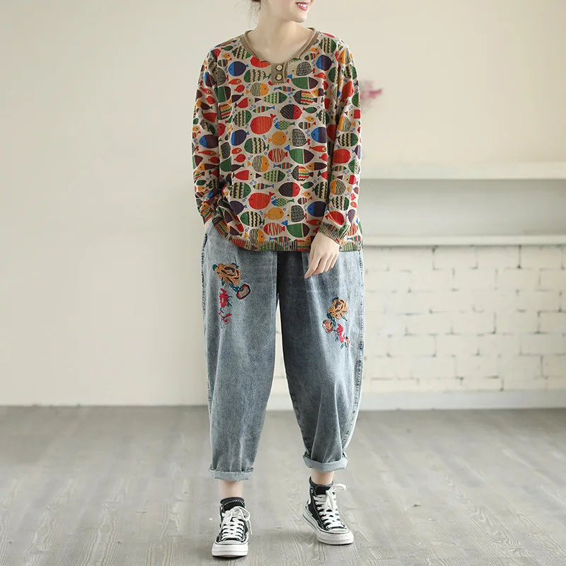 Весна-Осень 2020 свитер в стиле ретро Женский вязаный Свободный пуловер с принтом