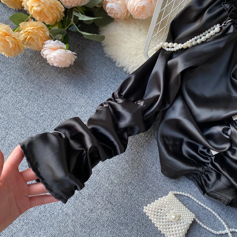 

2020 Spring Summer Women Sexy V-neck Short Tops Blouse Vintage Long Sleeve Red/Black/White/Pink Satin Pleated Shirts For Female