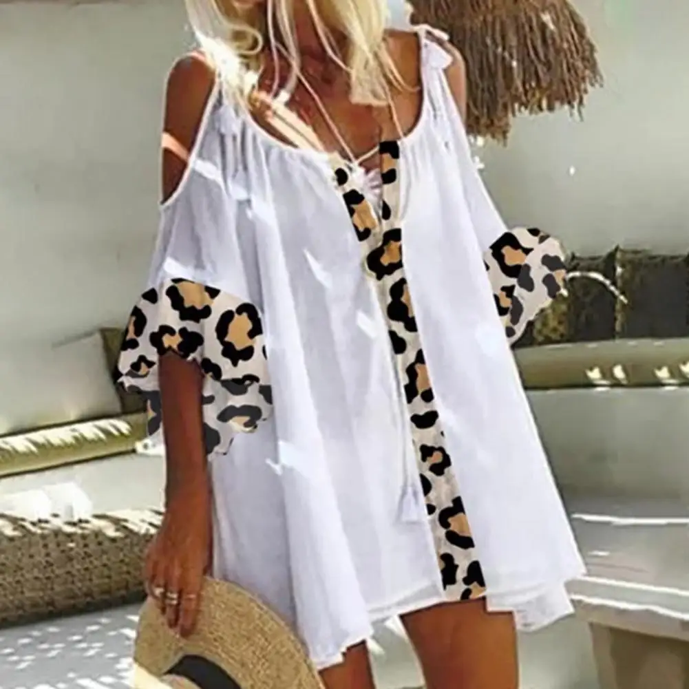 

Женская пляжная блузка с коротким рукавом, элегантная Свободная блузка с леопардовым принтом и V-образным вырезом, лето 2021