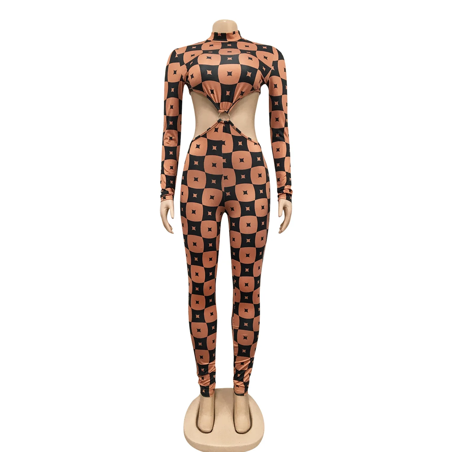 

ANJAMANOR Geometric Print Hollow Out Open Back Long Sleeve Bodycon Jumpsuit Winter 2020 Club Outfits for Women D42-CF29