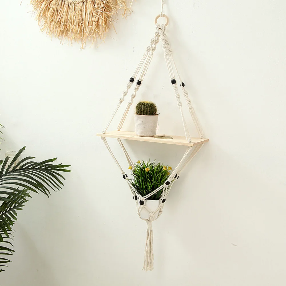 

1Pc Nordic Rope Woven Rack Living Room Wall Storage Shelf Cotton Rope Rack Khaki