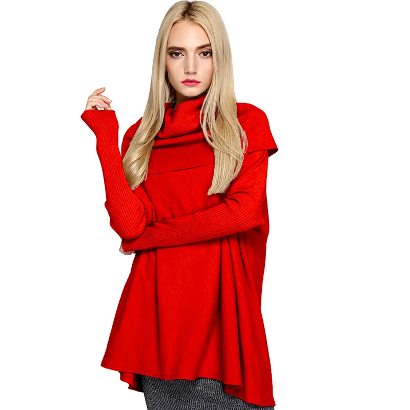 

Women Turtleneck Knitted Sweater Autumn Winter Solid Color Bat Sleeve Loose Pullover Sweater Female Side Slit Capes Cloak
