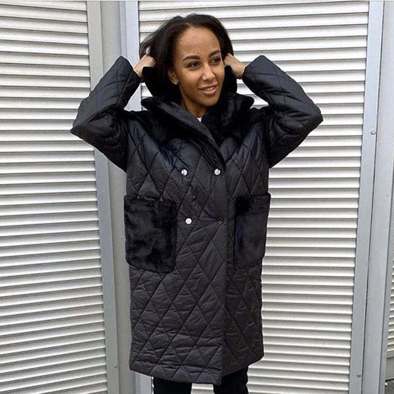 

CP Long Straight Parkas Women Fashion Buttons Patchwork Argyle Coats Women Elegant Turn Down Collar Cotton Jackets Female Ladie
