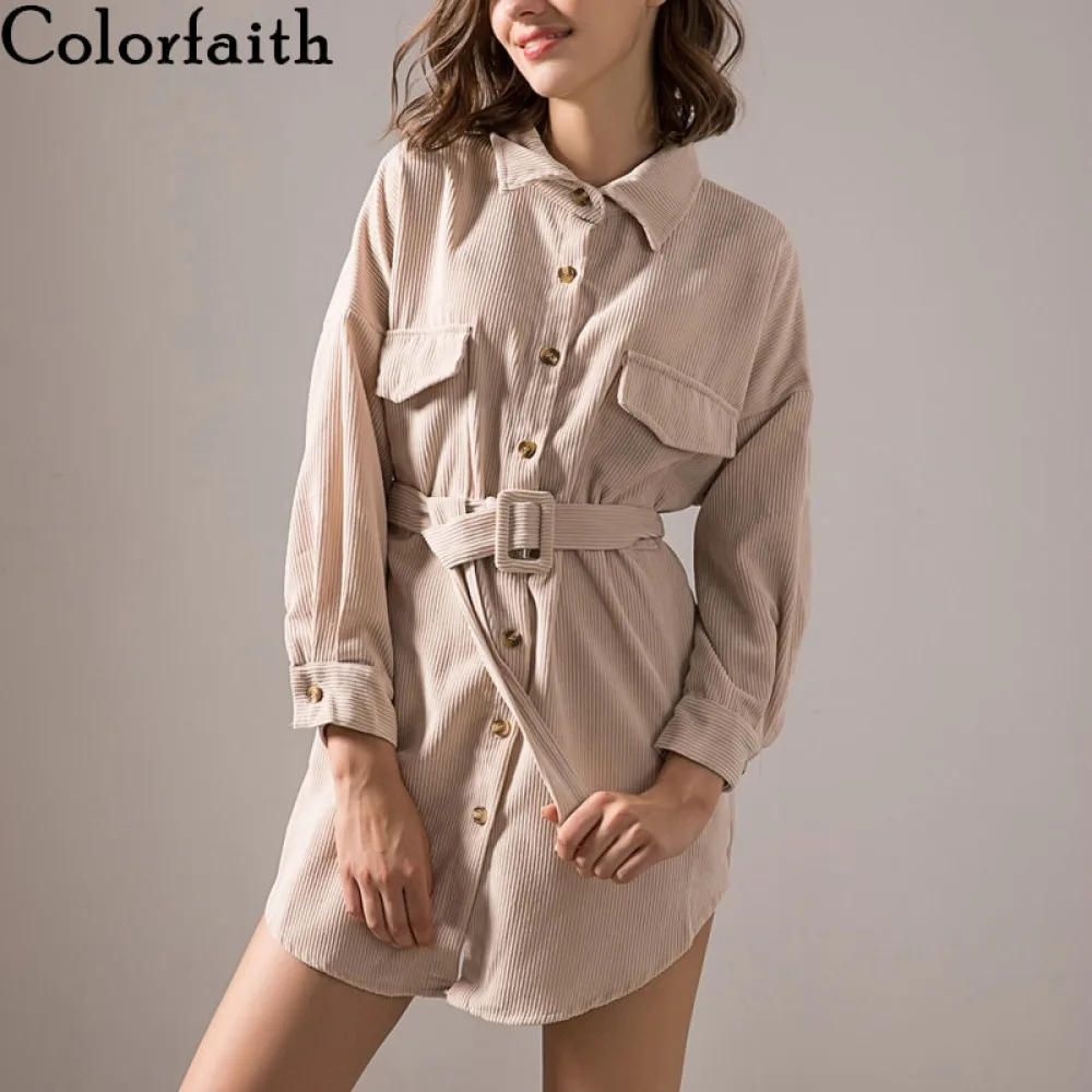 Платье-мини женское осенне-зимнее с поясом и карманами | Женская одежда