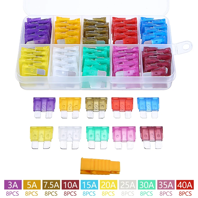 

80pcs Mixed Fuse Kit 12V Standard Blade Van Car Fuses 3A 5A 7.5A 10A 15A 20A 25A 30A 35A 40A Amp Fuse with Puller