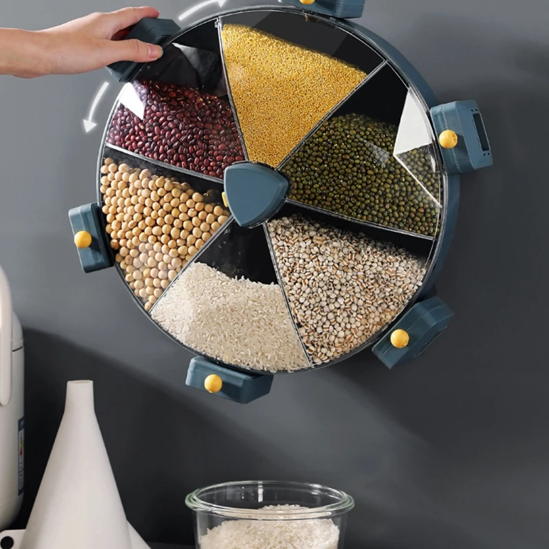 

8.5L Wall-Mounted Grain Divided Cereal Dispenser Food Organizer Rotating Storage Containers Can Plastic Rice Bucket Box