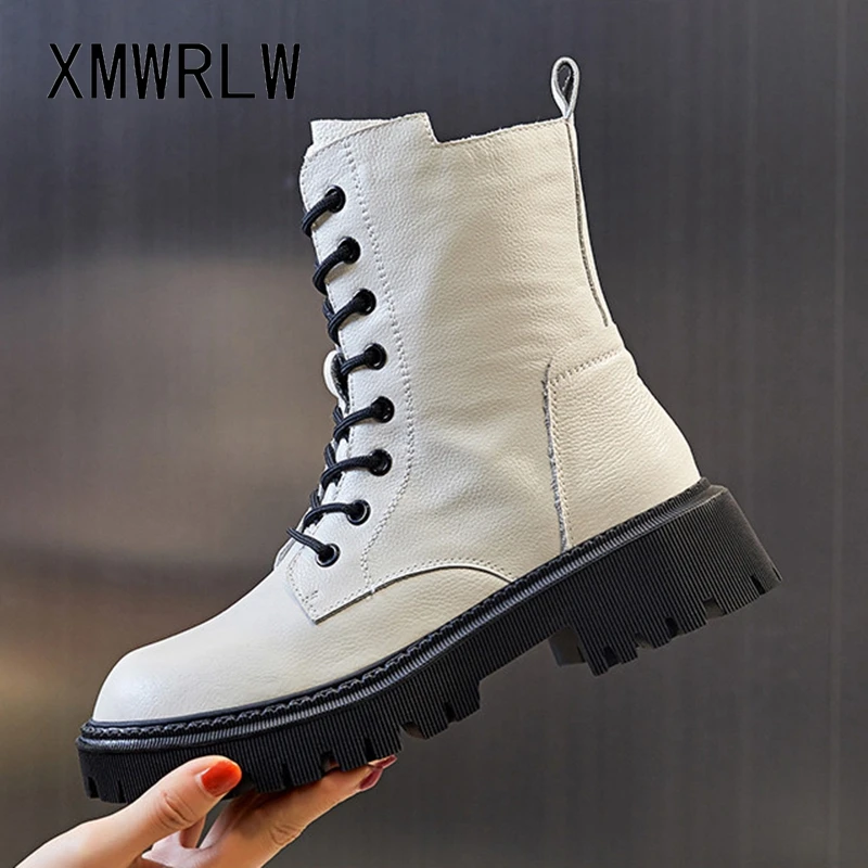 

XMWRLW 2021 New Autumn Genuine Leather Mid-Calf Boots For Women Autumn Shoes Rubber Sole Women Martin Boots Ladies Shoes