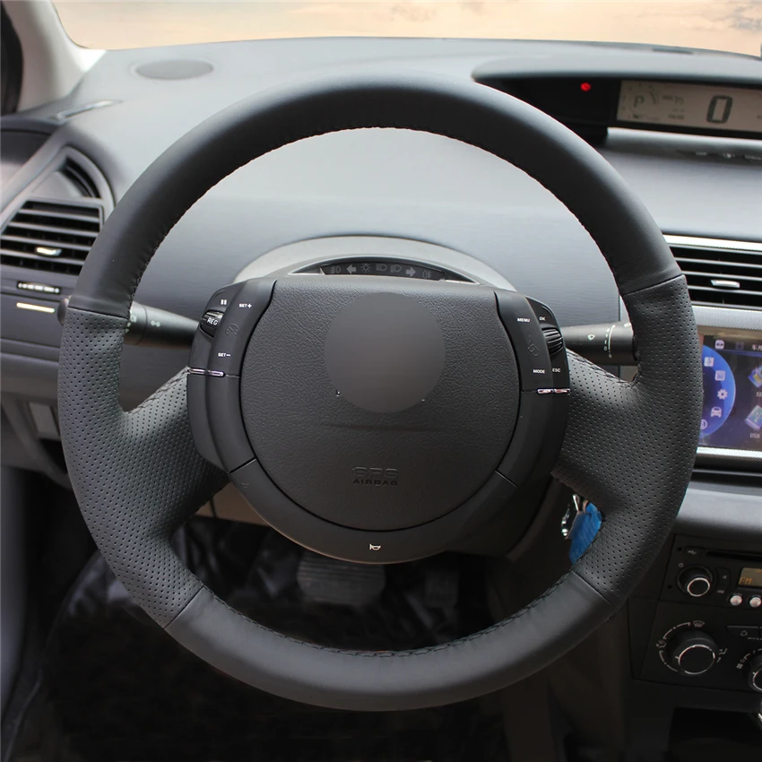 Сшитый вручную черный чехол рулевого колеса автомобиля из искусственной кожи