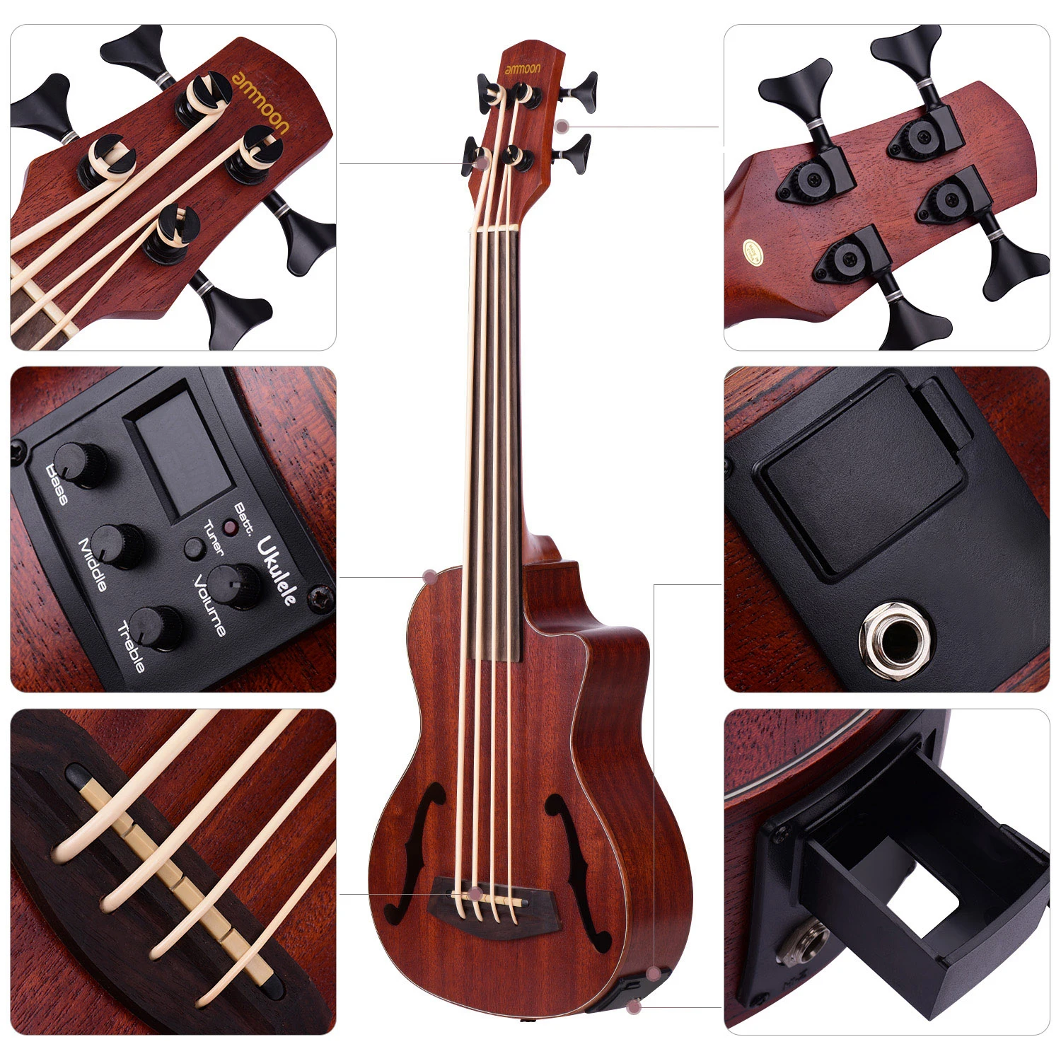 

ammoon 30 Inch Cutaway U-Bass UBass Wooden Electric Acoustic Bass Ukulele Ukelele Built-in EQ Tuner