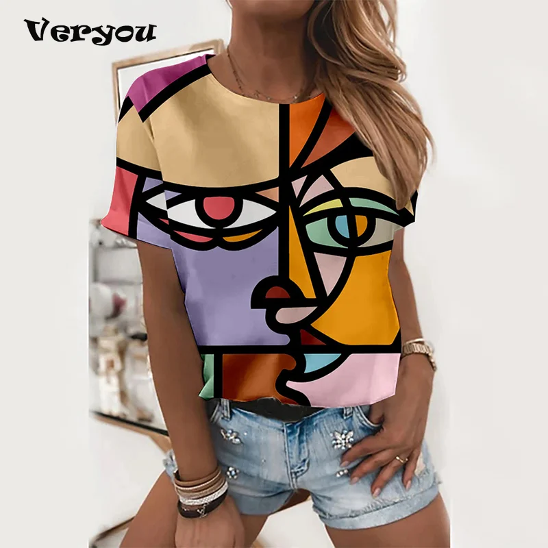 Женская Повседневная футболка с круглым вырезом летняя абстрактным рисунком и