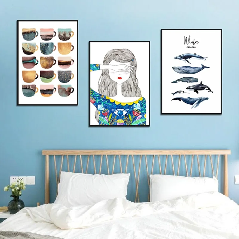 

Modern Nordic Minimalist Cartoon Abstract Girl Whale Color Cup Children's Room Bedroom Living Room Decoration Painting
