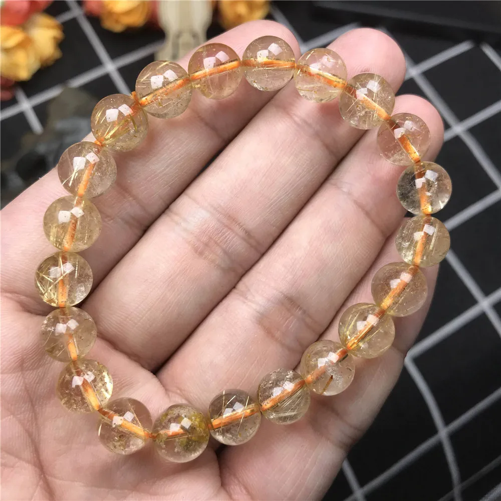 

9mm Natural Gold Rutilated Bracelet Jewelry For Woman Lady Man Healing Wealth Gift Crystal Beads Quartz Gemstone Strands AAAAA