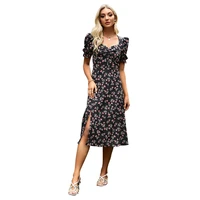 sexy french floral print dress v neck puff sleeve slits knee length womens summer casual dress