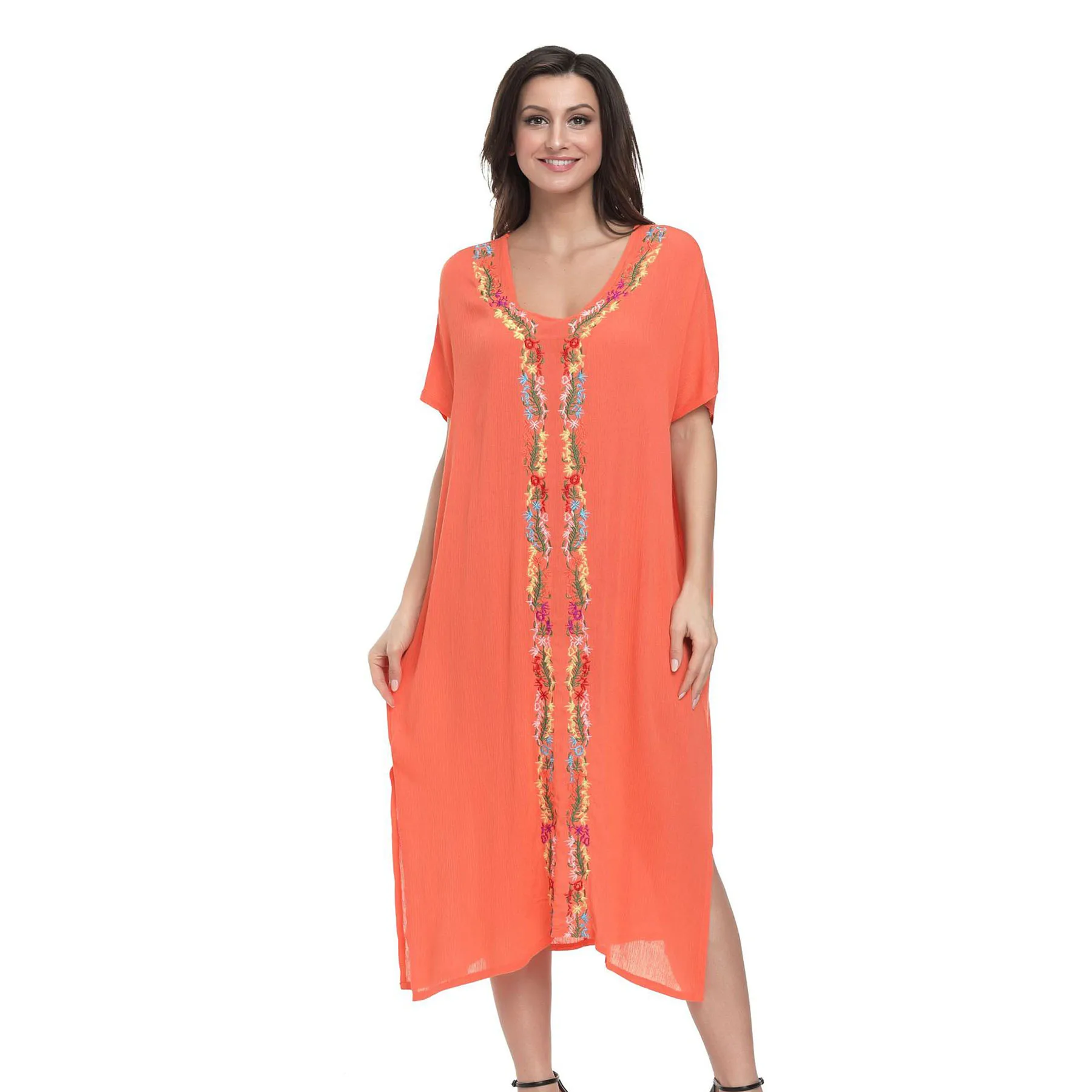 

New summer woman girl fashion Cotton Loose Dresses V neck Dresses Embroidery Flower lady beach vacation long Dresses Vestidos