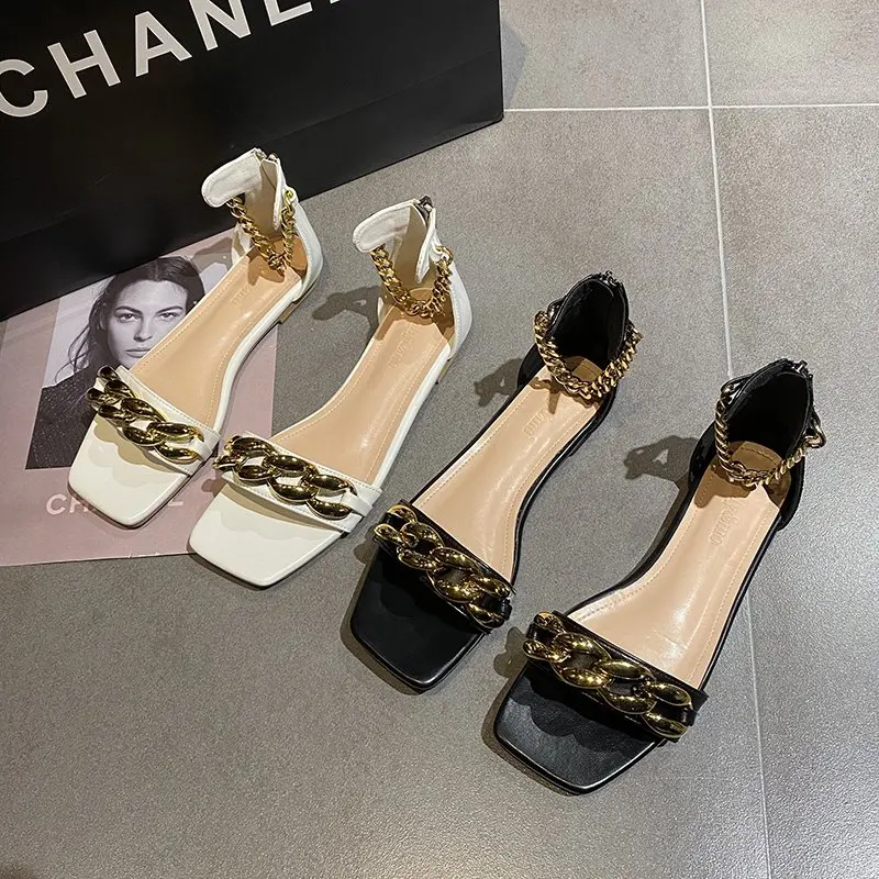 

Summer Metal Chain Sandals Fow Women Flat Shoes Fashion Ankle Wrap Casual Female Sexy Open Toe Sandals Designers New Slides