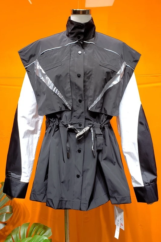 

Black Vest Suit Retro Splicing Color Draw Rope Loose Windbreaker Women Causal Autumn Trench Coat for Women