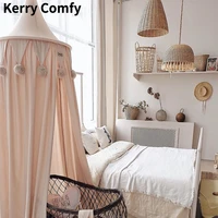 pom pom tassel girls room canopy bed curtains round hung dome mosquito net kids baby mosquito curtain for bed decor crib canopy