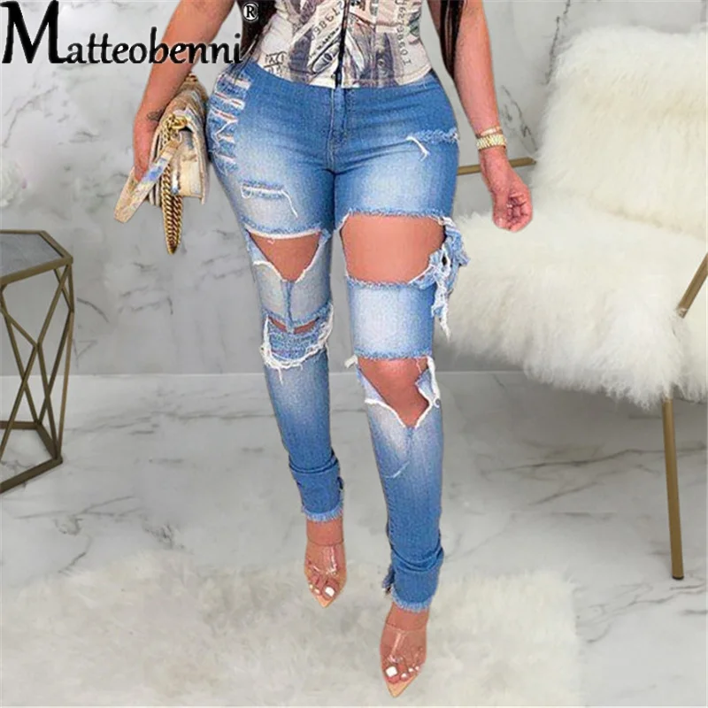 

2021 Fashion Sexy Stretch Slim Denim Pant Women's High Waist Zipper Fly Casual Big Hole Skinny Bottom Streetwear Pencil Jeans