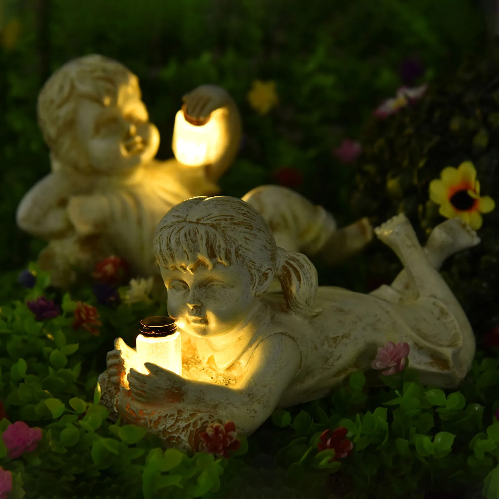 

Creative Garden Children Solar Lighted Firefly Jar Boy Girl Statue Yard Outdoor Sculpture Decorative Statue For Gardens