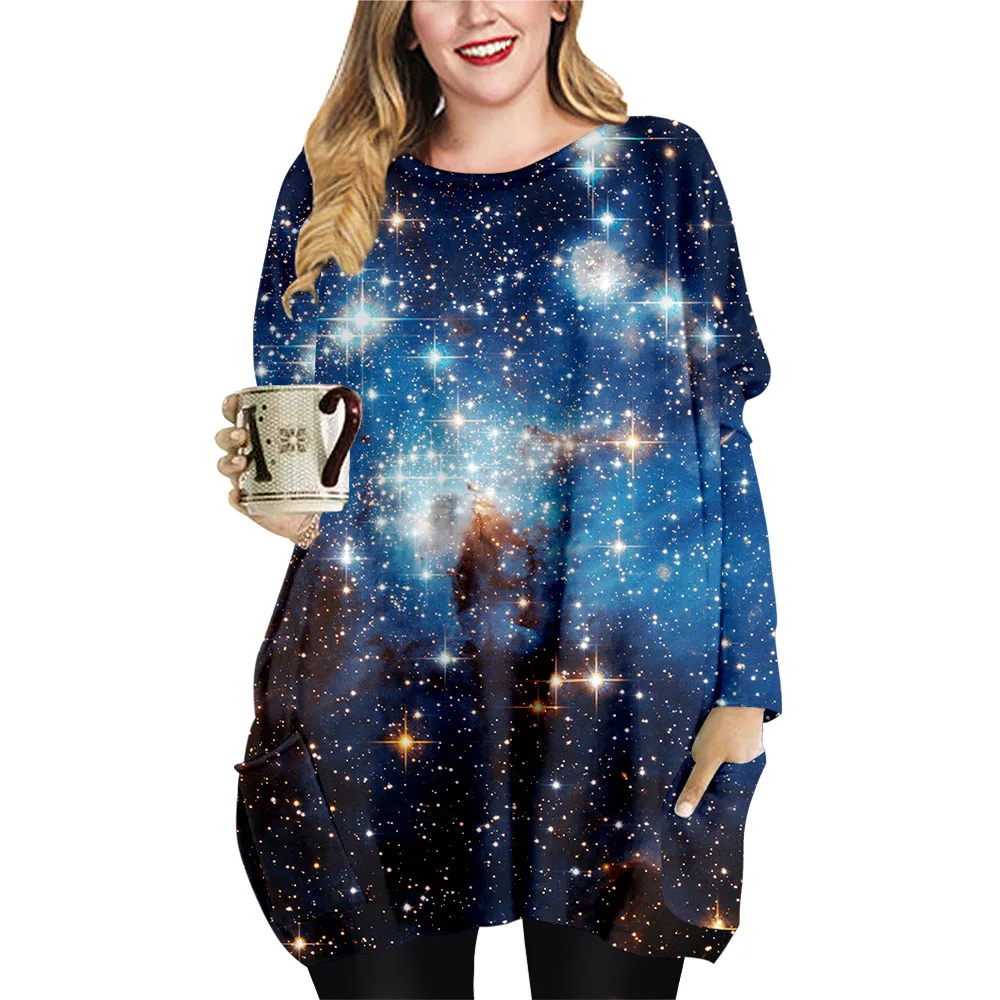 

Spring Autumn Women Dress Sky Printed Loose Mini Dresses Casual O-Neck Long Sleeve Dresses Beach Ladies Dress Plus-size