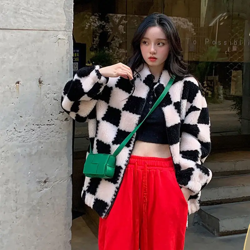 

Новинка Осень-зима 2021, Молодежный контрастный клетчатый свитер контрастных цветов, женское Свободное пальто