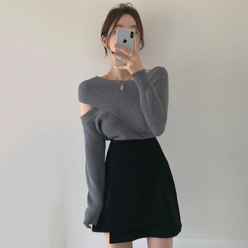 

Two Piece Set Women Sexy Criss-Cross Long Sleeve Knitted Tops and High Waist A-line Mini Skirt Elegant 2 Piece Outfits