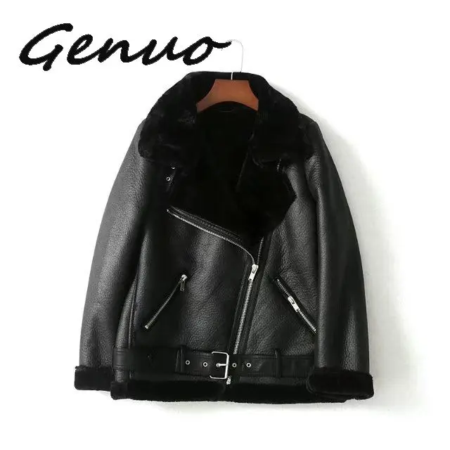 Genuo New 2019 New Winter Women Sheepskin Coats Thicken Faux Leather Fur Female Coat Fur Lining Leather Jacket Aviator Jacket
