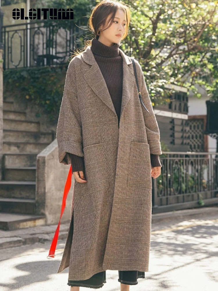 

Fashion Women Winter Woolen Coat Korean Version Retro Belt Coat Hepburn Long Sleeve Lattice Woolen Coat for Female