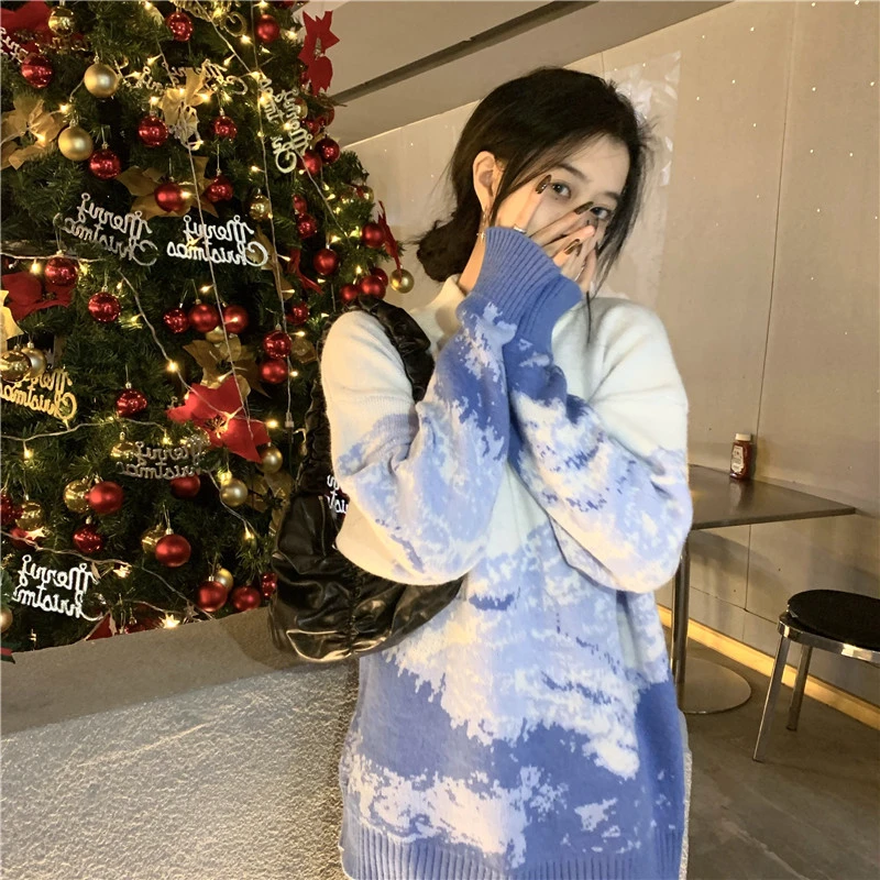 

Women Casual O Neck Long Sleeve Autumn Winter Thick Sweaters Contrast Color Snow Mountain Print Loose Sweater Pullovers
