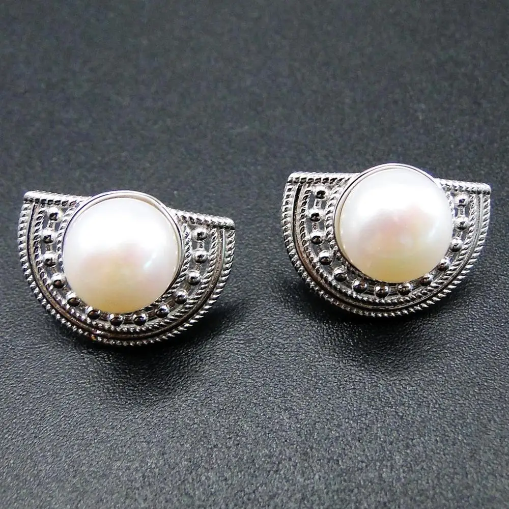 Женские серьги гвоздики из серебра 925 пробы с пресноводным