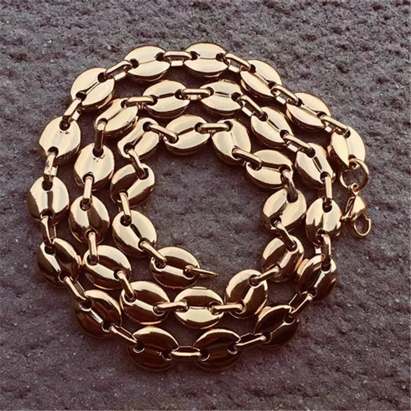

HIP Hop Width 7MM 9MM 11MM Gold Stainless Steel Coffee Beans Link Chain Necklace Chain For Men Jewelry