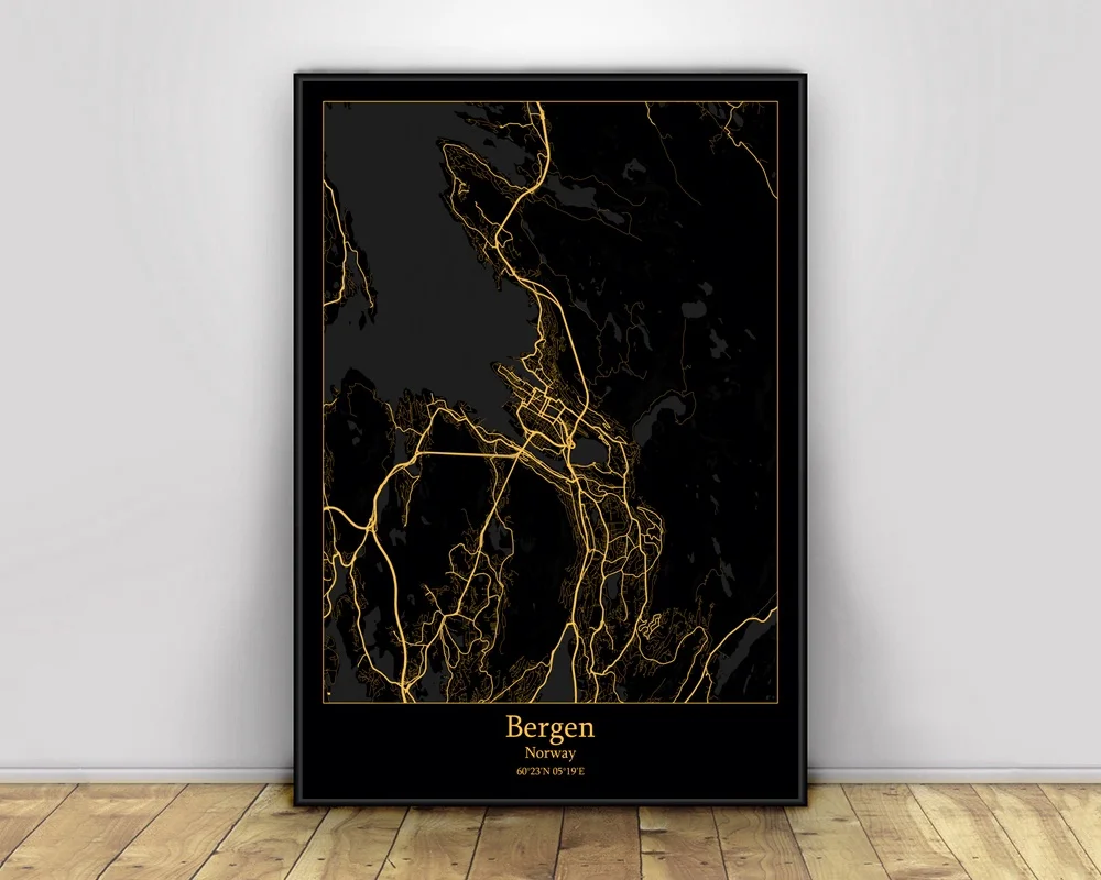 Bergen Норвегия черный и золотой город светильник Карты изготовленный на заказ