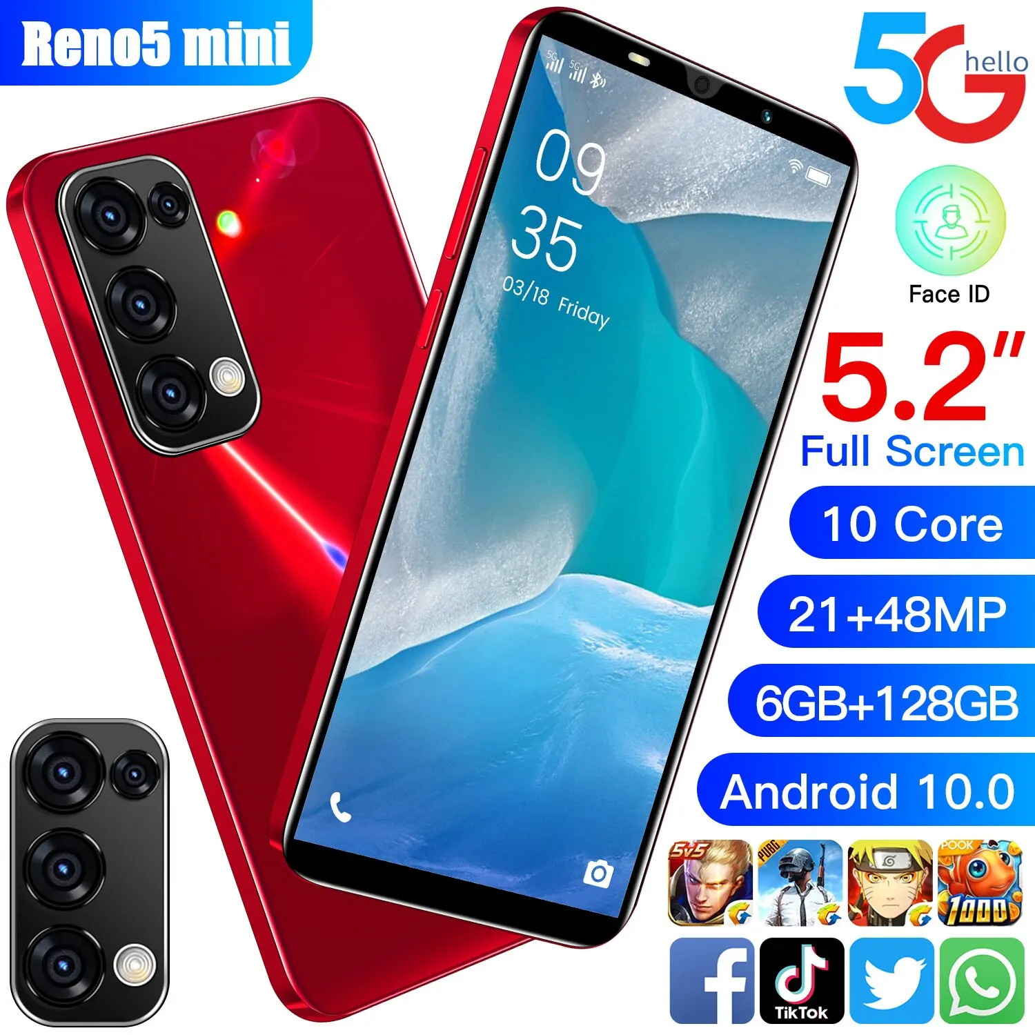 

Reno5 Mini 6+128gb 5.2 Inch 21+48mp Mtk6895 Fingerprint Cheap Cell Phone 4500mah Andriod 10.0 Smart Phones 1440*3400 Cell Phone