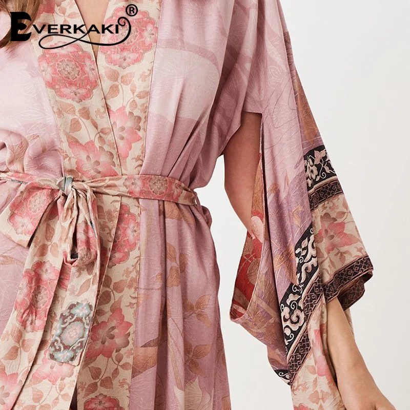 Everkaki Boho Цветочный принт пальто-кимоно женские пояса Розовый Цыганский осеннее женское длинное пальто-кимоно верхняя одежда женская Осень новинка
