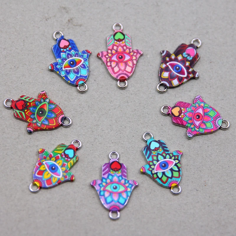 

10pcs Hand of Fatima Evil eye Enamel Alloy Charms Bracelet Connectors Jewelry Making Handmade Findings Craft Mix colors 17*26mm