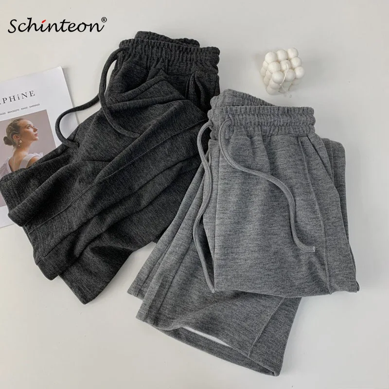 

Schinteon Women Drawstring Soft Wide Leg Pants High Waist Loose Straight Trousers Comfortable Simple Solid Color Trousers 2022