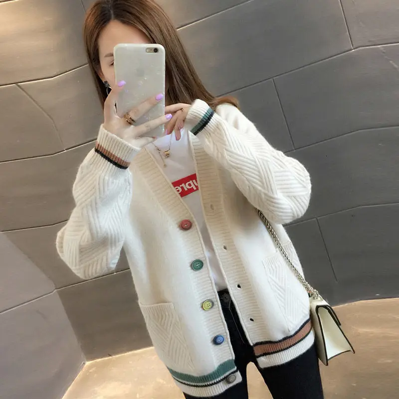 Knitted Cardigan Толстый кардиган женский весна осень длинный рукав вязанный v-образный вырез трикотажные женские шерстяные кофты Женский вязаный жакет Топы - Цвет: Knitted Cardigan